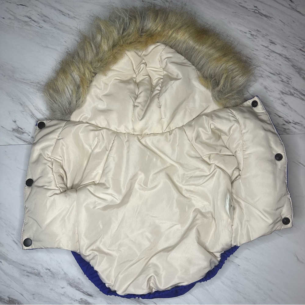 Pet Winter Parka - Faux Fur Hood & Pockets - Blue - Size Large (30cm) - Picture 4 of 15